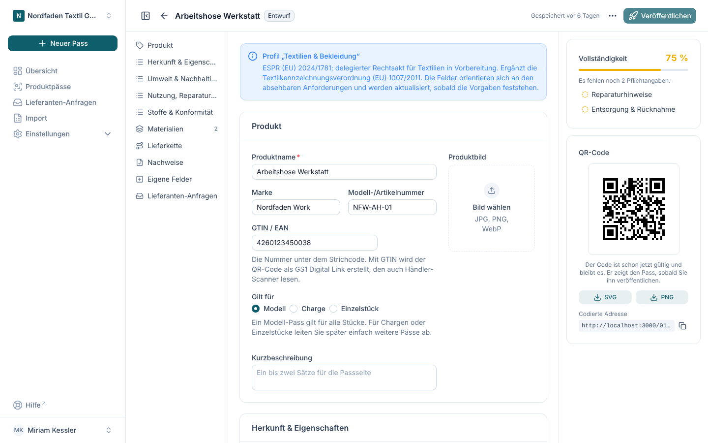 Der Pass-Editor von DPP Creator mit Erklärung zu jedem Feld und Vollständigkeitsanzeige